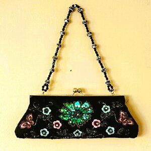 Far Nine Embroidered Sequin Purse Black Floral Butterfly Kiss Lock Clasp Beaded